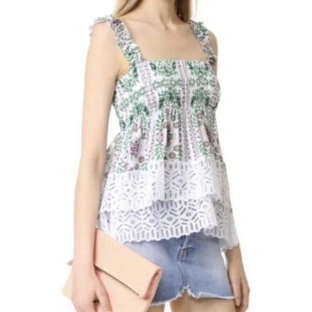 Tory Burch Garden Party Georgette Top Silk Tiered Size 6 Floral Print NWOT